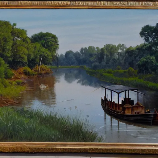 Prompt: 1 9 th century river boat in the deep south, evening sun, intense lighting, hyper realistic, gouache