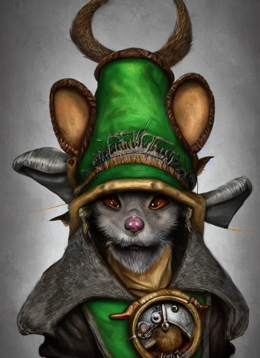 Image similar to anthropomorphic rat with human eyes and a gray beard, wearing jewelry, tricorne hat, green robe, skaven, warhammer fantasy, d & d, digital art, detailed face, highly detailed, trending on artstation, realistic