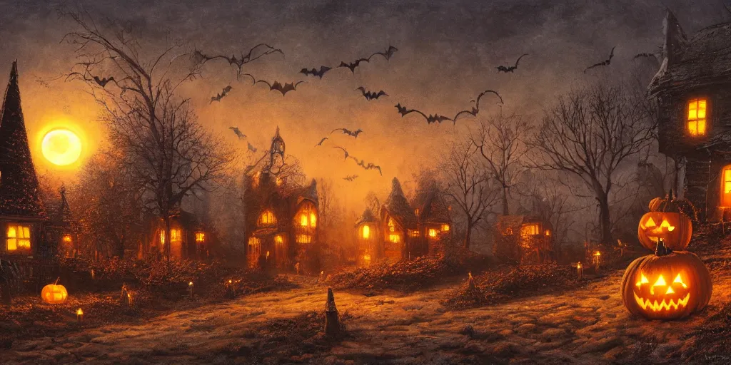 Image similar to a halloween landscape in november, by Ernest deutsch + Ted Nasmith, cinematic lighting, masterpiece, highly detailed, 8k resolution, trending on art station