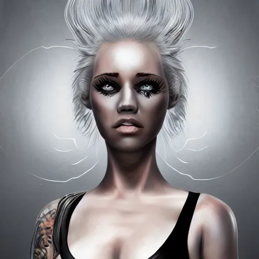 Image similar to Hot young woman, winking, grey skinned, void eyeballs, white hair, tattoos, wearing leather jacket and wifebeater tank top, digital art, concept art, 4k,