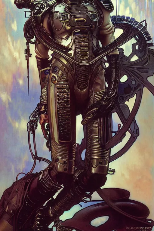 Prompt: realistic detailed american portrait with a pose of a handsome futuristic samurai in alien cyberpunk armor by alphonse mucha, ayami kojima, amano, greg hildebrandt, and mark brooks, male, masculine, art nouveau, cyberpunk, neo - gothic, gothic, character concept design