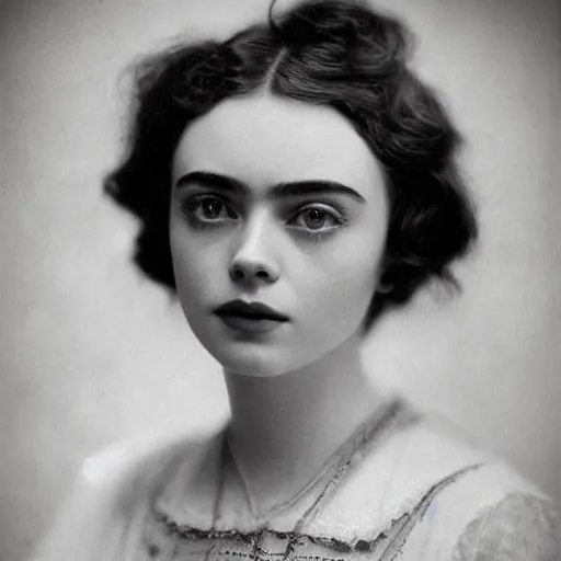 Prompt: headshot edwardian photograph of elle fanning, lily collins, scarlett johansson, 1 9 2 0 s film actress, realistic face, ethereal, 1 9 1 0 s, grainy, victorian, soft blur