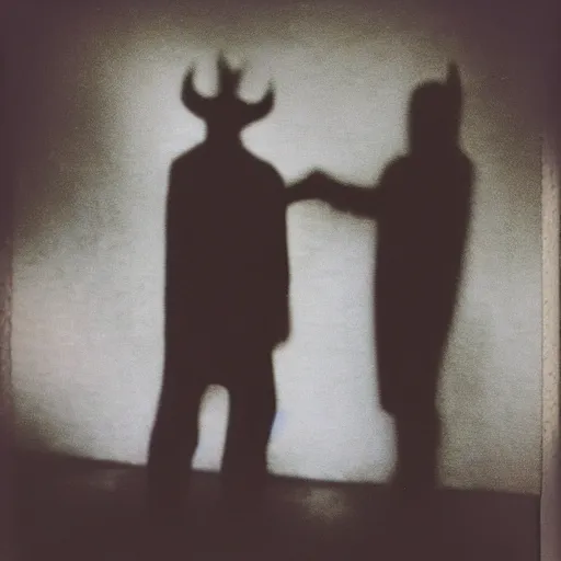 Prompt: two shadowy demons shaking hands and looking at the camera, horror, nightmare, terrifying, surreal, nightmare fuel, old polaroid, blurry, expired film, lost footage, found footage,