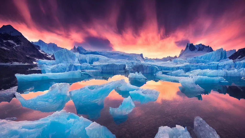 Image similar to amazing landscape photo of a glacier with lake in sunset by marc adamus, beautiful dramatic lighting