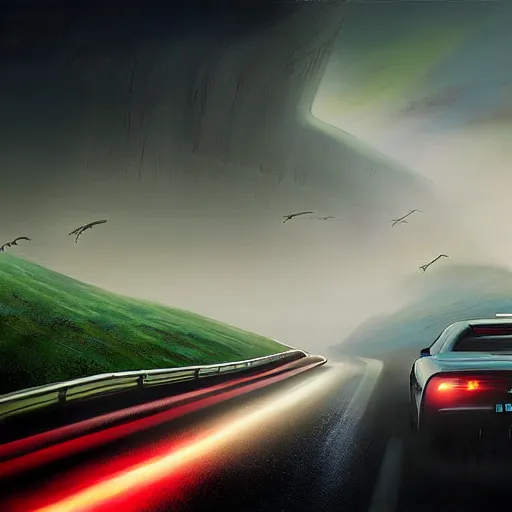 Image similar to a supra style car driving on a high way in a fog realistic atmosferic casper david friedrich raphael lacoste vladimir kush leis royo bruce pennington volumetric light effect broad light oil painting painting fantasy art style sci - fi art style realism artwork unreal engine