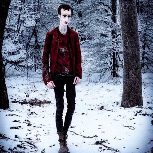 Image similar to blood soaked skinwalker, lanky, skinny, pale skin, snow, forest, dark, horrifying