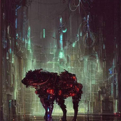 Image similar to robot cyborg hyena, many eyes, exposed wiring, glowing lights, highly detailed beksinski art, cyberpunk