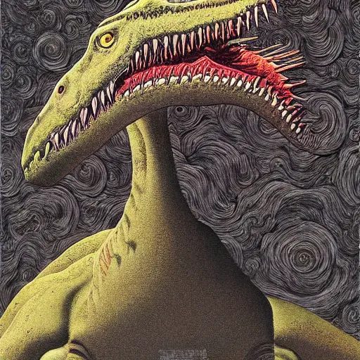 Image similar to a simple centered portrait of a cowboy dinosaur. an award winning yoshitaka amano digital art poster color painting, by james gurney and gerhard richter. art by takato yamamoto. masterpiece, poster colour on canvas.