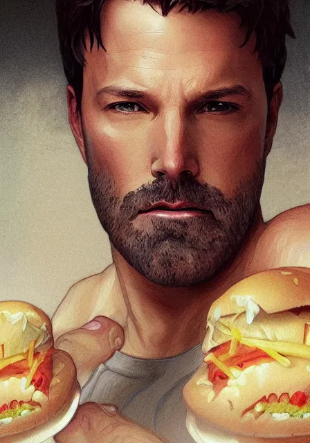 Prompt: ben affleck eating too much hamburger, intricate, elegant, highly detailed, digital painting, artstation, concept art, smooth, sharp focus, illustration, art by artgerm and greg rutkowski and alphonse mucha and william - adolphe bouguereau