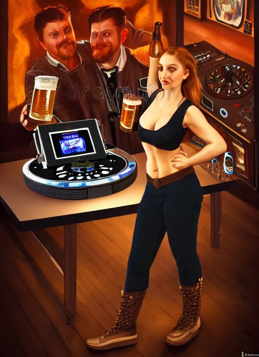 Image similar to image of large pint of beer and large technics dj table front of picture, in the backround man and a woman from octoberfest, dark backround, highly detailed, digital illustration, trending in artstation, modern painting, smooth, sharp focus, intricate, einar jonsson and bouguereau