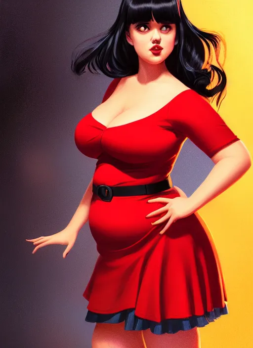 Image similar to full body portrait of teenage veronica lodge, obese, bangs, sultry, realistic, sultry smirk, wavy hair, red skirt, fat, belly, intricate, elegant, glowing lights, highly detailed, digital painting, artstation, concept art, smooth, sharp focus, illustration, art by wlop, mars ravelo and greg rutkowski