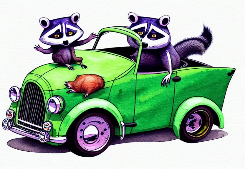 Prompt: cute and funny, racoon riding in a tiny hot rod coupe with oversized engine, ratfink style by ed roth, centered award winning watercolor pen illustration, isometric illustration by chihiro iwasaki, illustration overlay by beeple