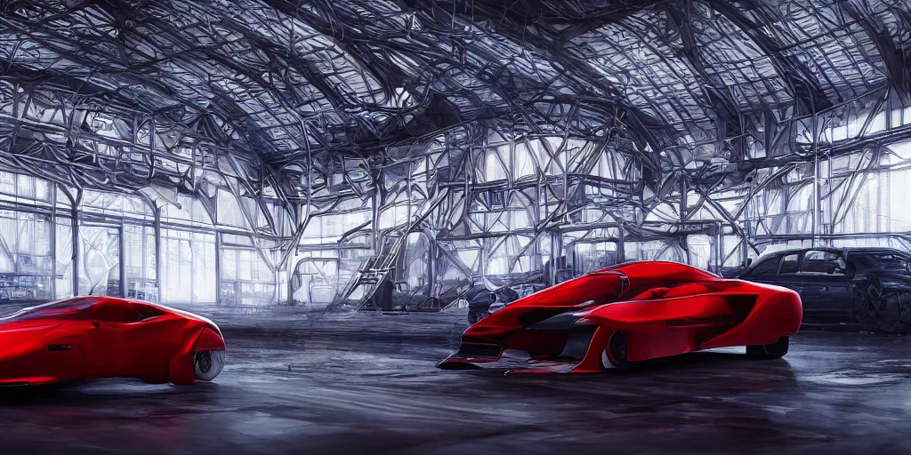 Image similar to kama russian electrocar, inside futuristic hangar, red car, sharp focus, ultra realistic, ultra high pixel detail, cinematic, intricate, cinematic light, concept art, illustration, art station, unreal engine 8 k