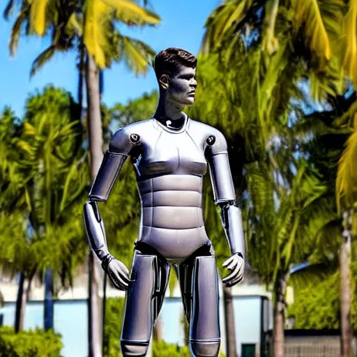 Image similar to a realistic detailed photo of a guy who is an attractive humanoid who is half robot and half humanoid, who is a male android, football player christian mccaffrey, shiny skin, posing like a statue, blank stare, by the beach, on display