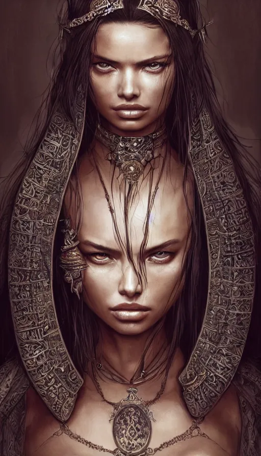 Image similar to girl adriana lima, mongolian shaman clothing, ritual, fame of thrones, fibonacci, sweat drops, intricate fashion clothing, insane, intricate, highly detailed, surrealistic, digital painting, artstation, concept art, smooth, sharp focus, illustration, unreal engine 5, 8 k, art by artgerm and greg rutkowski and alphonse mucha