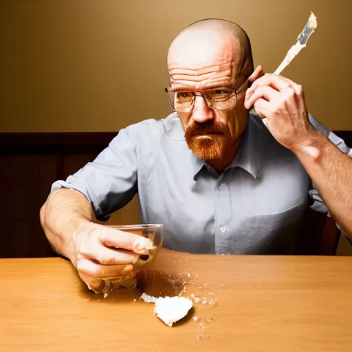 Image similar to walter white eating applesauce, photography,