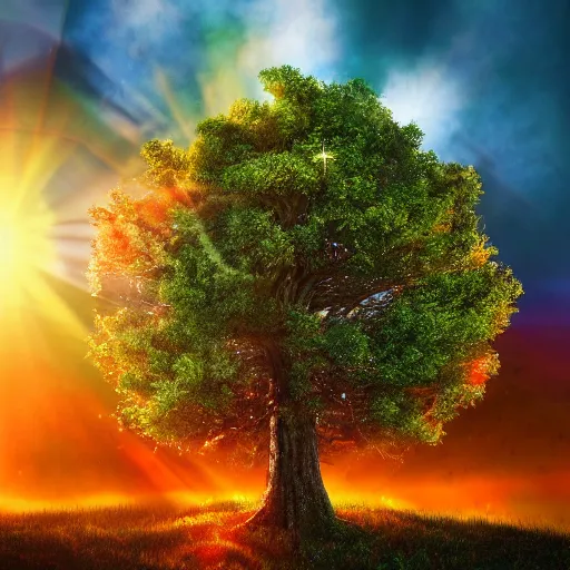 Image similar to a very detailed, highly rendered, highly photorealistic, spectacular, lively, warm tree standing in a thickly vegetated forest in a fantasy world, realistic, high definition, dreamlike light incidenc, holy light shining on it, during a colorful sunraise, award winning picture, trippy