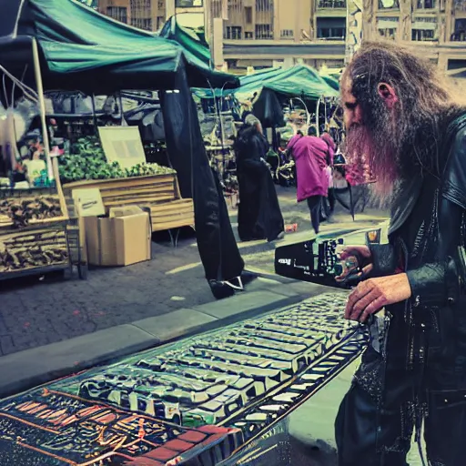 Prompt: cyberpunk goth homeless man cyborg playing a cyberpunk moog synthesizer at cyberpunk farmers market by william barlowe and pascal blanche and tom bagshaw and elsa beskow and enki bilal and franklin booth, neon rainbow vivid colors smooth, liquid, curves, very fine high detail 3 5 mm lens photo 8 k resolution