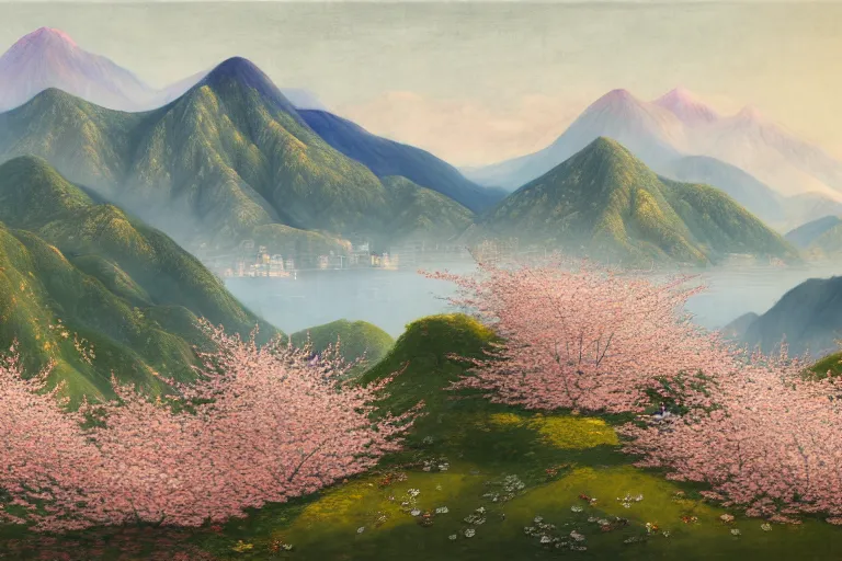 Image similar to an ultradetailed landscape painting of a panorama view of westlake in china, pagodas on hills, osmanthus blossoms nearby, fine wind, highly detailed, artstation, concept art, smooth, sharp focus, illustration, by hilma af klint, 8 k