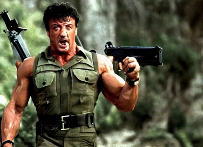 Prompt: sylvester stallone in a still from the movie Commando (1985)