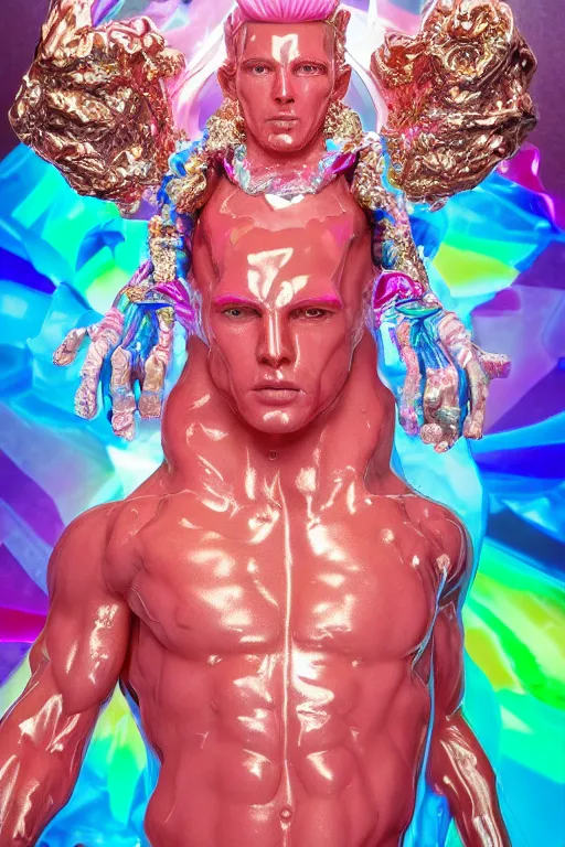 Image similar to hyper detailed ultra sharp fullbody photo of baroque and cyberpunk transparent pink ceramic sculpture of a muscular seductive muscular italian guido feeling muy cachondo, muy dotado, iridescent humanoid deity wearing pink plastic seethrough cloak, holding a rainbow tiger gem, blue diamond, glowing pink face, crown of white diamonds, cinematic lighting, photorealistic, octane render 8 k
