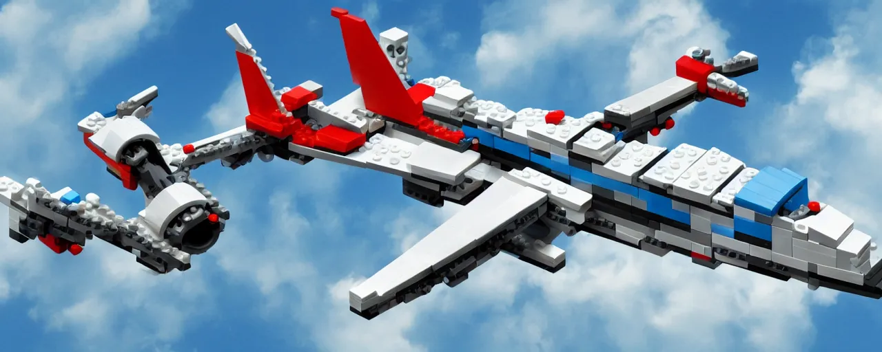 Image similar to Aerodynamic futuristic airplane, made of LEGO, in the style of LEGO, 4K, highly detailed