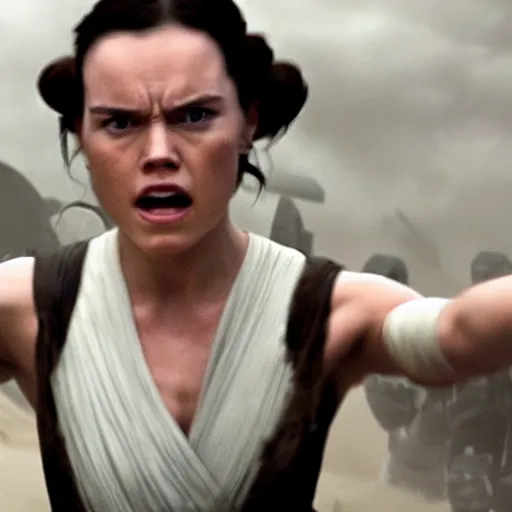 Image similar to evil corrupted daisy ridley as rey, using the force to kill stormtroopers, sith lord, dark side, cinematic movie image, both hands raised to use the force, hd star wars photo
