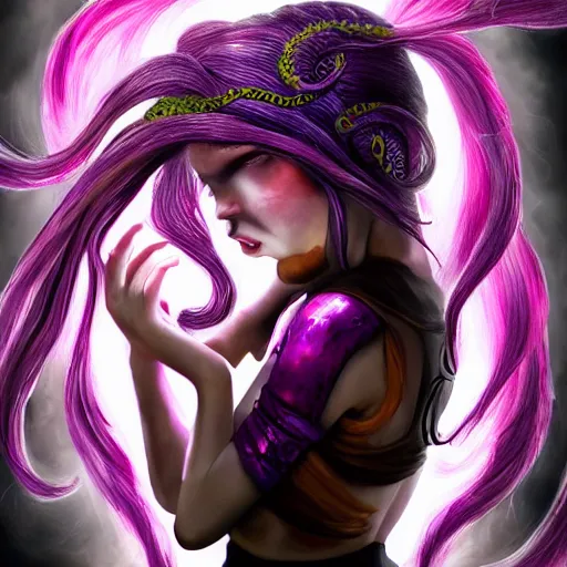 Prompt: artstation young teen with purple eyes and tentacles on her head in fury, very detailed, in glass town, portrait, high contrast, vibrant, realism