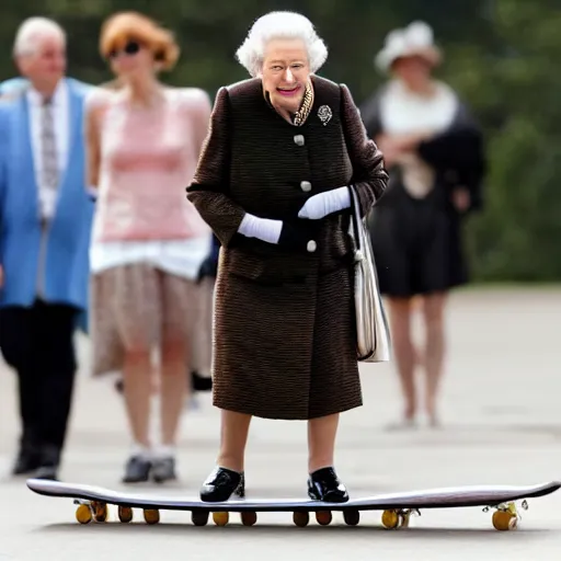Image similar to queen elizabeth riding a skateboard