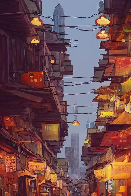 Image similar to backlane alley hawker street with kuala lumpur twin towers in the background, evening, highly detailed matte painting, studio ghibli, artstation