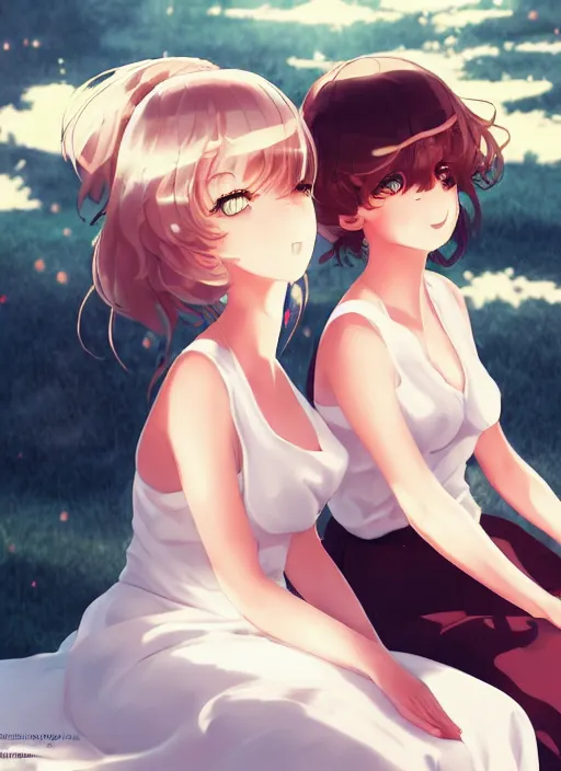 Image similar to two beautiful mothers sitting on a hot summer evening, white dress, gorgeous faces, thick lines, cinematic lighting, detailed anime art,