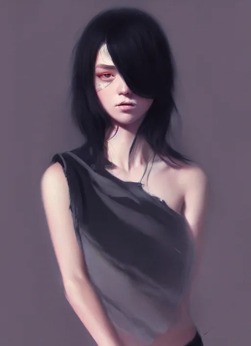 Image similar to ultradetailed beautiful painting of a stylish young lady wearing a short top, dramatic, she has black long hair, distressed, volumetric light, full body portrait by greg rutkowski, ilya kuvshinov, james jean, makoto shinkai, on artstation