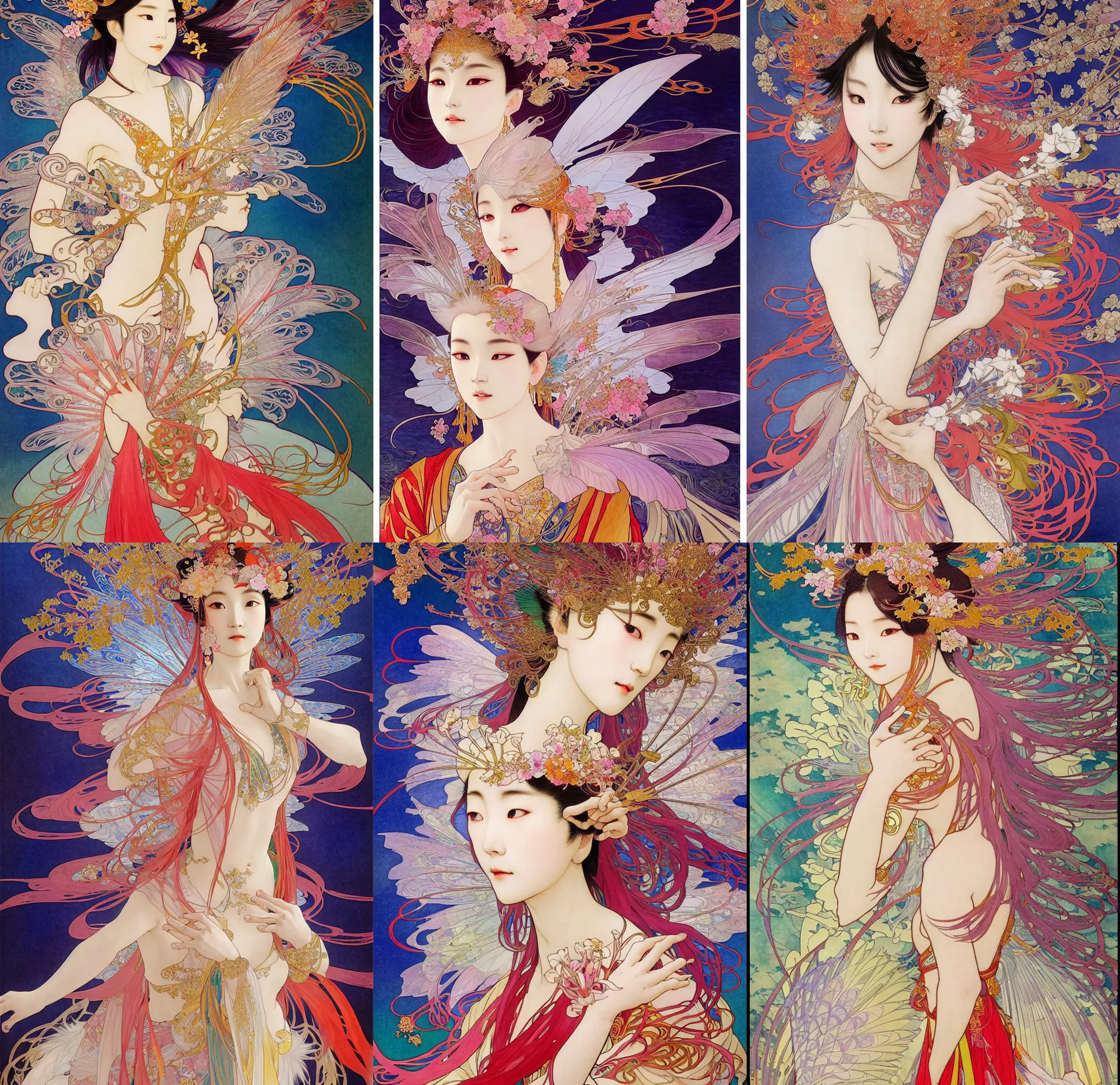 Prompt: deco art by yoshitaka amano, alfons mucha and makoto shinkai. chinese taoist fairy goddess played by liu yifei, colorful clothes and feather clothes of the tang dynasty, hyper detailed, character concept, full body, dynamic pose, intricate, lineart, cerpuscular rays, lily flowers. 8 k