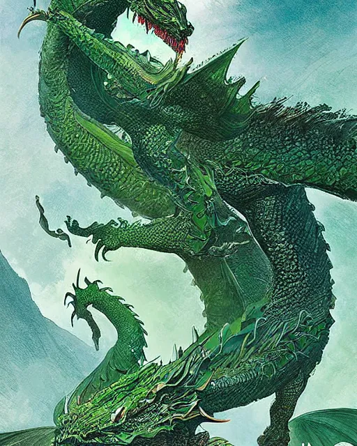 Prompt: a giant green dragon, digital art, illustrated by james gurney and victo ngai