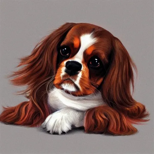 Image similar to a cavalier king charles spaniel who is really bored, tired, lying on the floor, art by artgerm