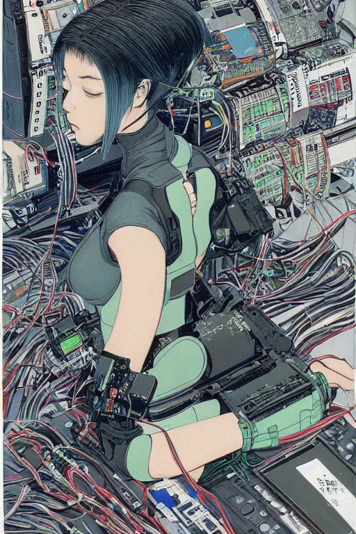 Prompt: an hyper-detailed cyberpunk illustration bob cut of a female android seated on the floor in a tech labor, seen from the side with her body open showing cables and wires coming out, by masamune shirow, and katsuhiro otomo, japan, 1980s, centered, colorful
