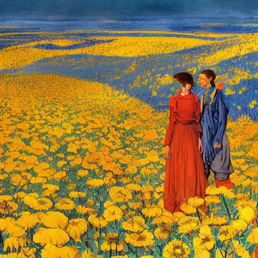 Prompt: two people dressed in blue cloth with lots of beautiful folds in red desert captured by massive intricate mystical roots of in a sea of yellow flowers, surrounded by swirls of prickly flowers, highly detailed, intricate, surreal, painting by Franz Marc, part by Yoji Shinkawa, part by Norman Rockwell