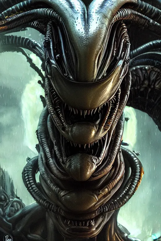 Image similar to alien covenant xenomorph, close - up portrait, intricate, elegant, volumetric lighting, scenery, digital painting, highly detailed, artstation, sharp focus, illustration, concept art, luis rollo, ruan jia, steve mccurry, john berkey