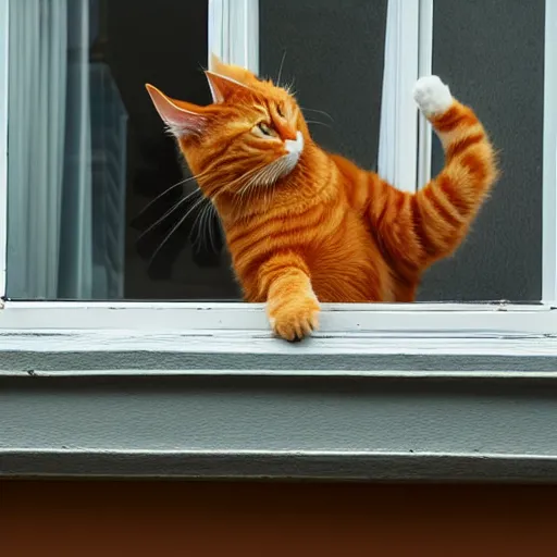 Prompt: a ginger cat with a white chest and paws, yawning and stretching on a windowsill.