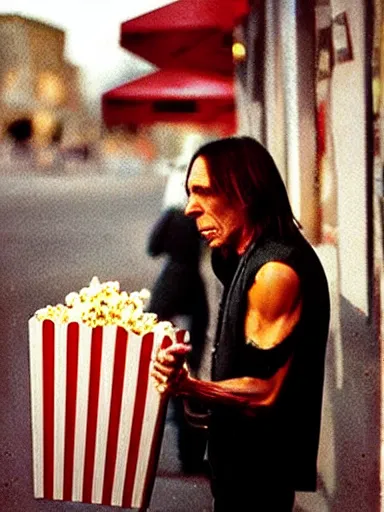 Prompt: “ iggy pop is selling popcorn at the popcorn booth in the street, movie screenshot, cinematic, epic, dramatic ”