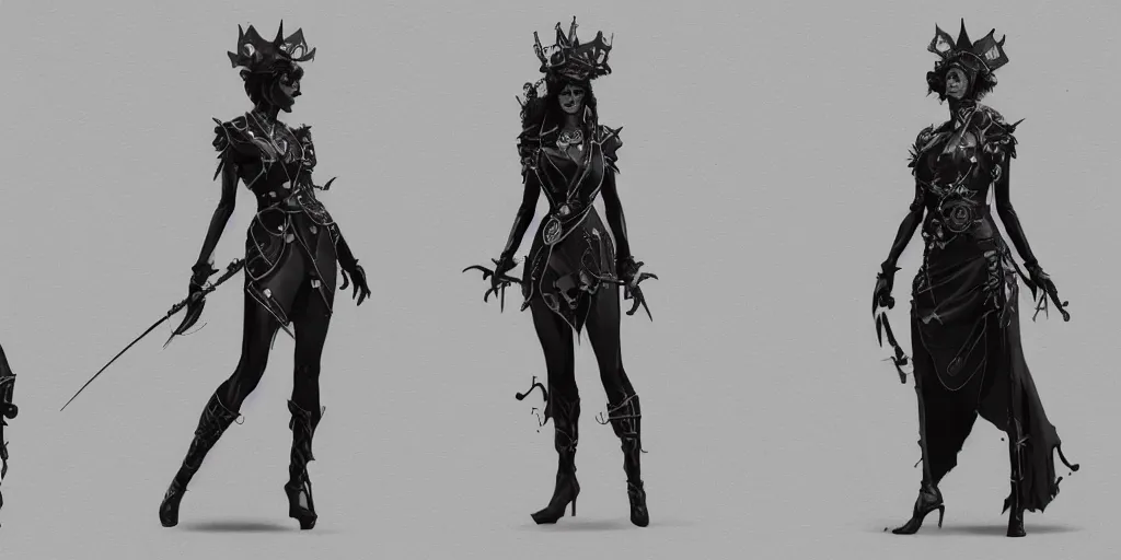 Image similar to queen of spades, character sheet, fine details, concept design, contrast, brigitte bardot, kim jung gi, greg rutkowski, trending on artstation, 8 k, full body, turnaround, front view, back view, ultra wide angle