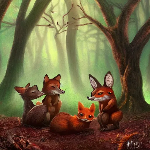 Prompt: 3 woodland critters, resistance, communist, bunny, mouse, fox, political meeting in the woods, antropomorphic, fantasy digital art, art station