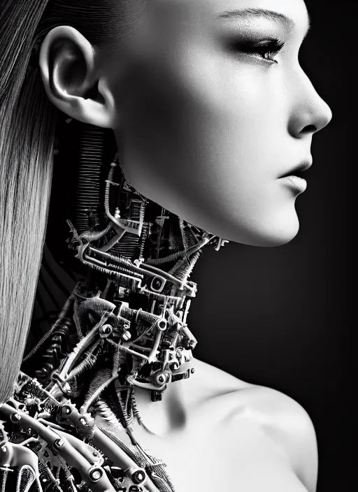 Image similar to a stunning young female cyborg profile face, face is made intricate tribal bio - mechanical, editorial photography, bw, shot on 7 0 mm, depth of field, f / 2. 8, high contrast, 1 6 k, rays of shimmering light, volumetric lighting, shiny, insanely detailed and intricate, hypermaximalist, elegant, ornate, hyper realistic, super detailed