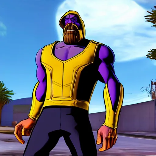 Prompt: screenshot of Thanos as a GTA San andreas character, gameplay