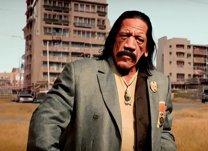 Prompt: movie still of danny trejo starring in a new wes anderson film, cinematic shot, shot on alexa mini, stunning cinematography, golden hour, filmgrain, kodak vision 2 0 0 t, shot composition