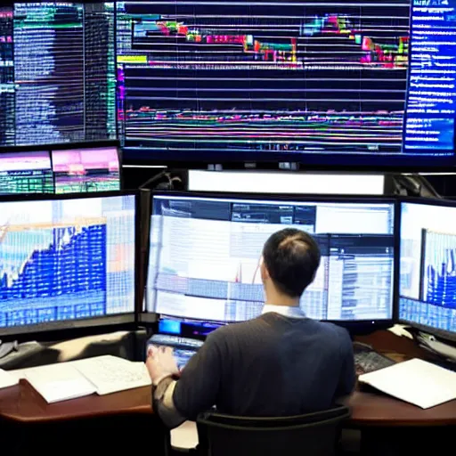 Prompt: one man trading stocks on world's largest single computer monitor