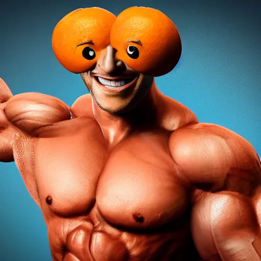 Image similar to extremely muscular man with peeled orange as head, and crayon painted face, excessively grinning, wide eyed, hyperrealistic, unreal engine, claymation