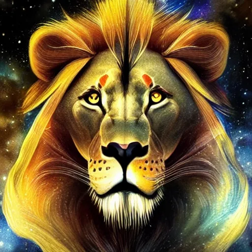 Prompt: geometric symmetrical lion with galaxy eyes in space, nebula in the background, intricate, elegant, highly detailed, digital painting, artstation, concept art, smooth, sharp focus, illustration, art by artgerm