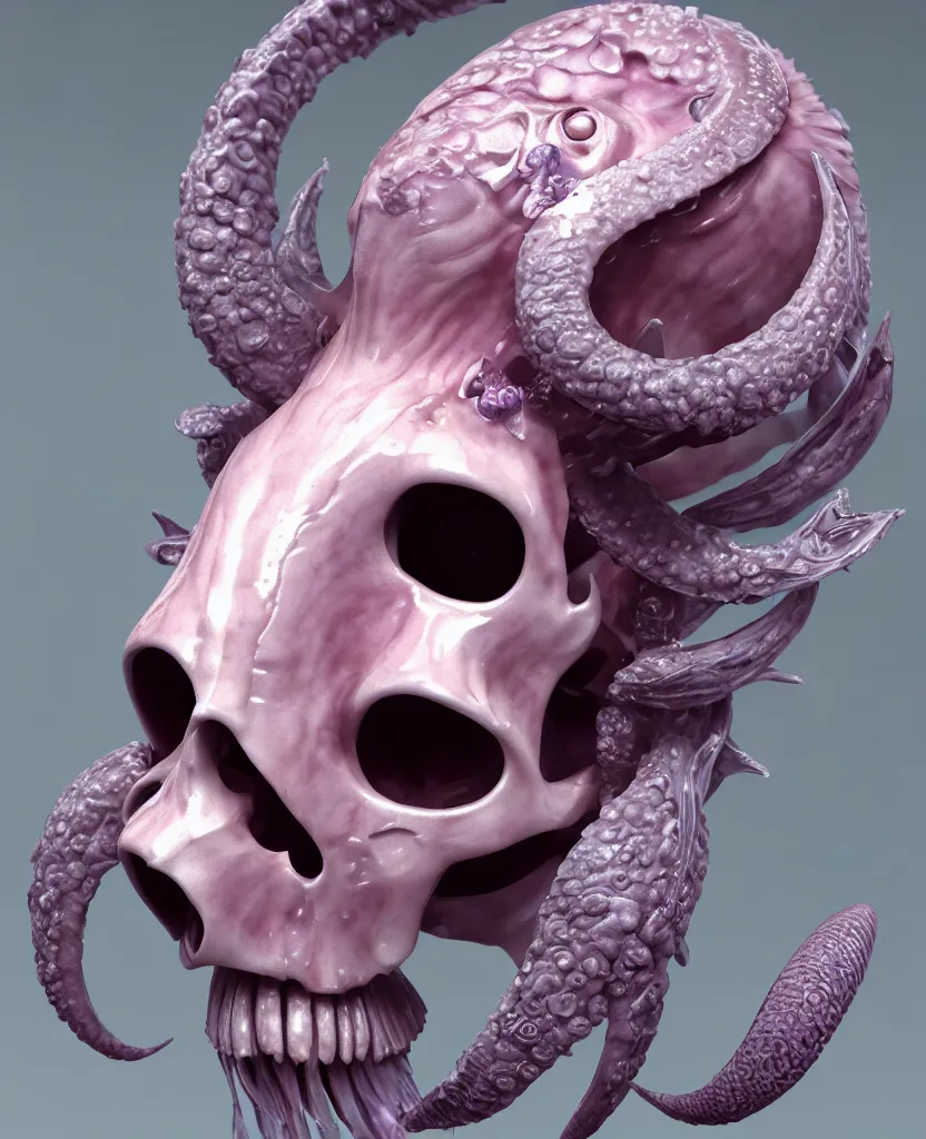 Image similar to goddess princess face close-up portrait ram skull. hard surface modelling zbrush. jellyfish phoenix head, nautilus, orchid, skull, betta fish, bioluminiscent creatures, intricate artwork by Tooth Wu and wlop and beeple. octane render, trending on artstation, greg rutkowski very coherent symmetrical artwork. cinematic, hyper realism, high detail, octane render, 8k