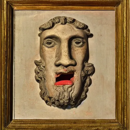 Prompt: portrait of ancient greek idiot with big eyes and sharp nose and open mouth. fine detail. artistic painting by lurid